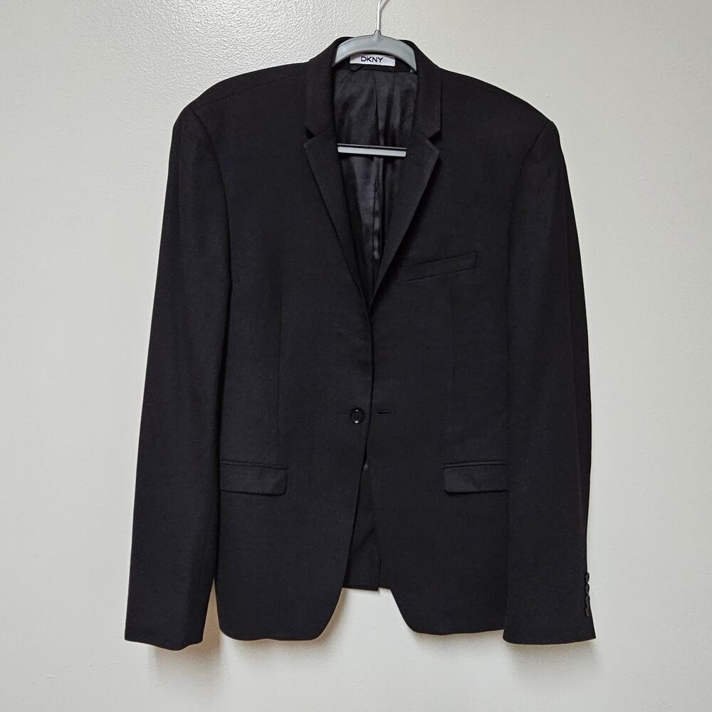 DKNY Mens One Button Notched Collar Black Wool Blazer size 40R